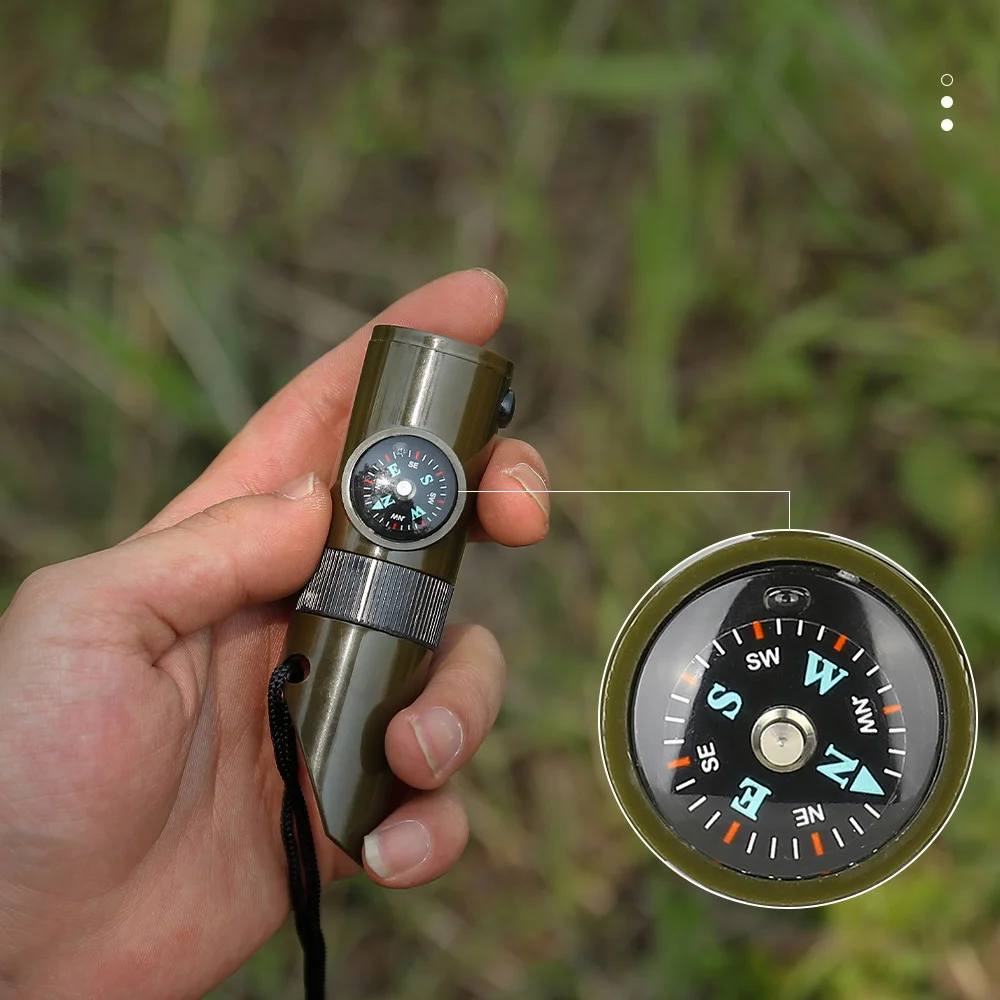 2022 Hot Sale Outdoor Camping 7 in 1 Multifunctional Lifesaving Whistle with LED Light Thermometer Compass