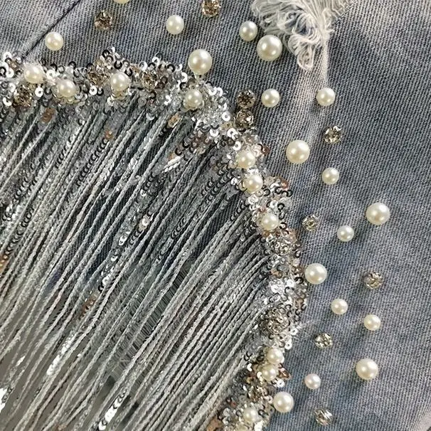 2022 Fashion Streetwear Korea Women High Waist Ripped Pearl Beaded Rhinestone Sequin Fringed Tassel Denim Ladies Jeans Shorts