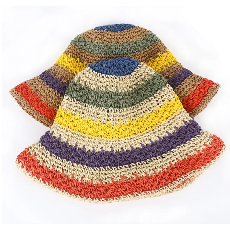 Foldable Wide Brim Colorful Crochet Straw Hat Summer Holiday Vacation Crochet Bucket Hat