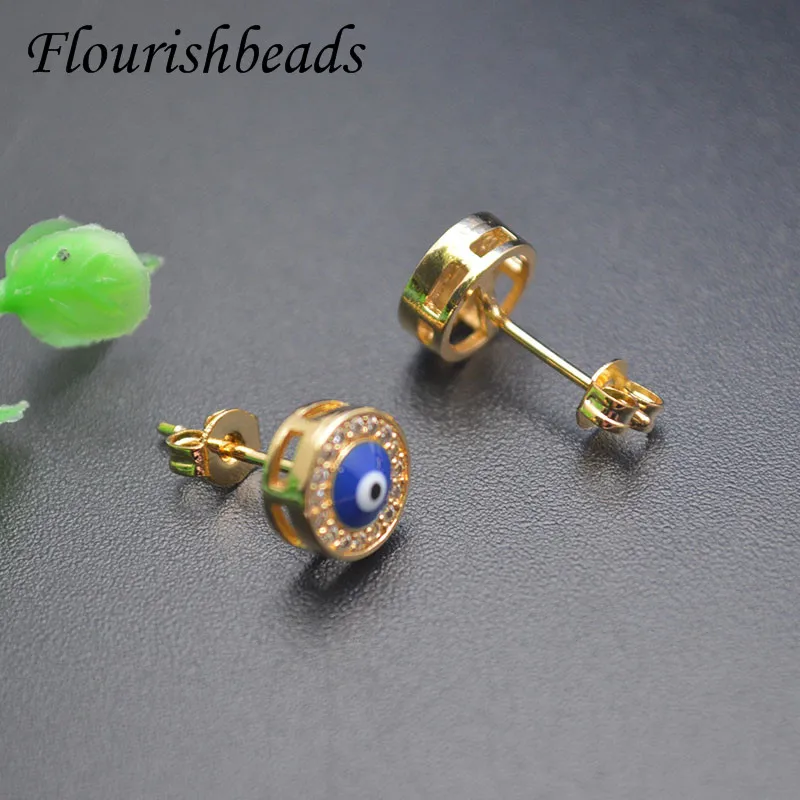 Hot Sale Anti-fading Blue Enamel CZ Paved Round Eyes Shape Stud Earring for Women Men Jewelry Wedding Birthday Party Gifts