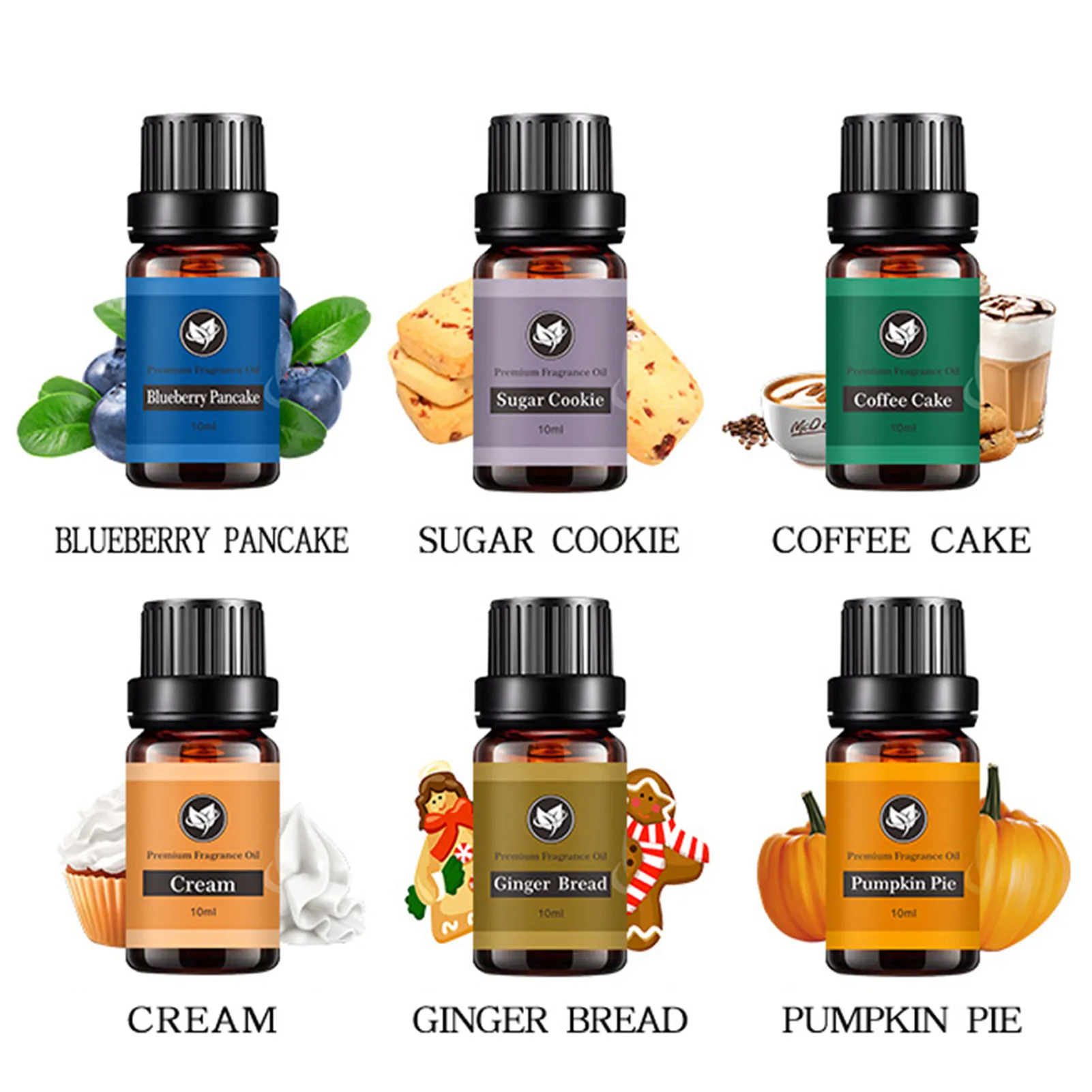Bakery Set Of 6 Superior Grade Fragrance Oils Blueberry Pancake Sugar Cookie Coffee Cake Cream Ginger Bread Pumpkin Pie 10ml