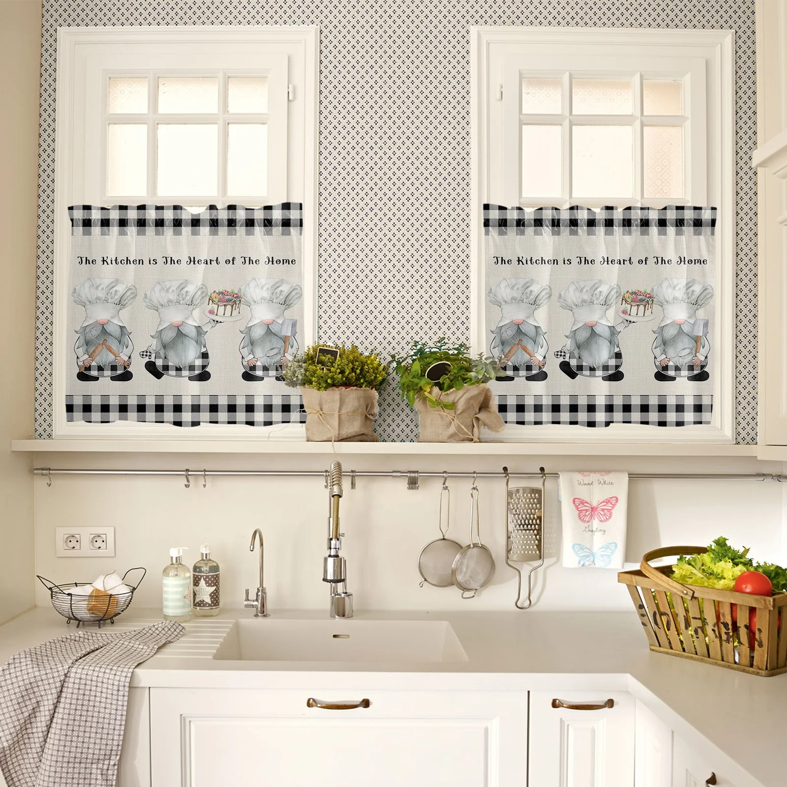 Gnomes Chef Kitchenware Printed Window Valance Treatments Cafe Tier Curtain Panels