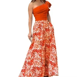 2023 New Arrivals Floral Palazzo Pants Suits Women Chic One Shoulder Top And Wide Leg Pants 2 Piece Summer Outfits