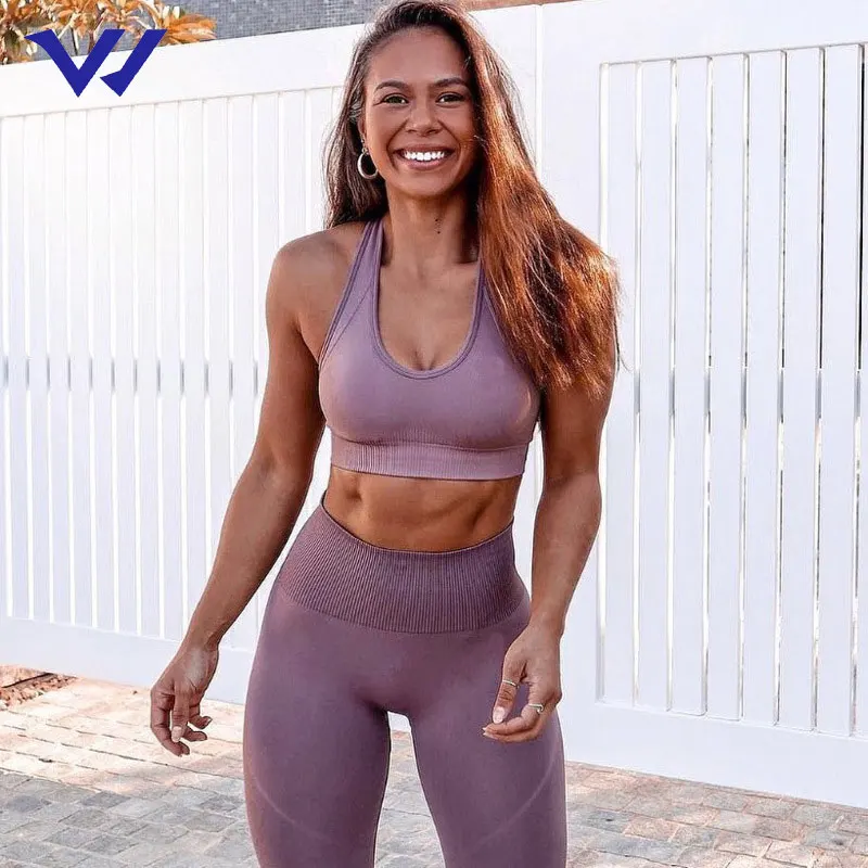 Оптовая продажа комплект бесшовных нейлоновых леггинсов для йоги из 2 предметов женский костюм и фитнеса большого размера женская спортивная