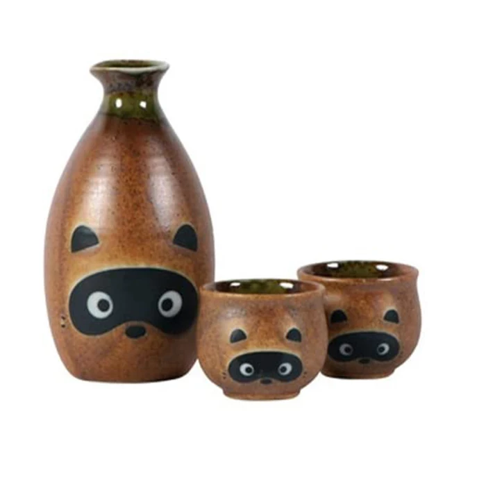 3-Piece Tanuki Raccoon Sake Set Ceramic