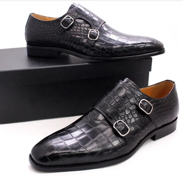 2021 Men office dress Shoes Quality genuine Italian cow leather crocodile embossing wedding party men shoes sewing thread shoes