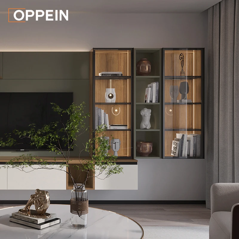 OPPEIN Luxury Curtains TV Cabinet Leather Chairs Sofa Living Room Cabinets Furniture Living Room Sets