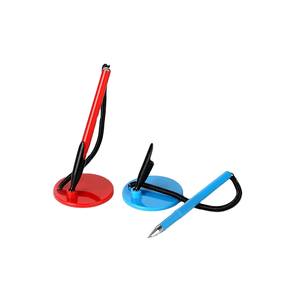 Promotional plastic slogan signing gel desk pen with chain desk stand plastic desk pen table pen with meta