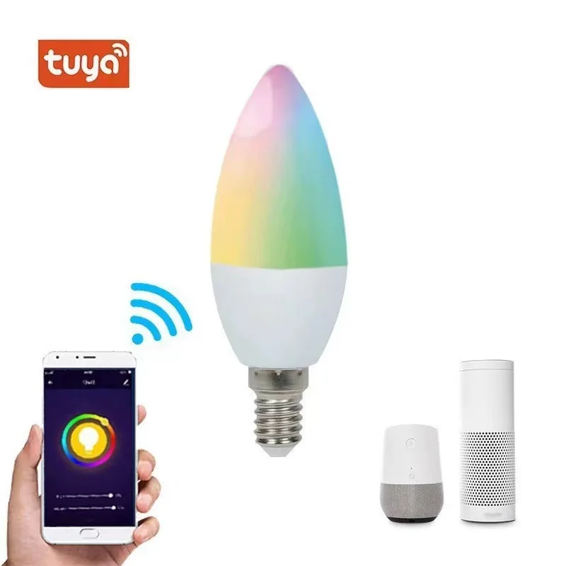 Tuya Wifi Smart Bulbs Candle Light E14 Smart LED Bulb APP Remote Intelligent Voice Control Dimming Color Bulbs AC 5w Residential
