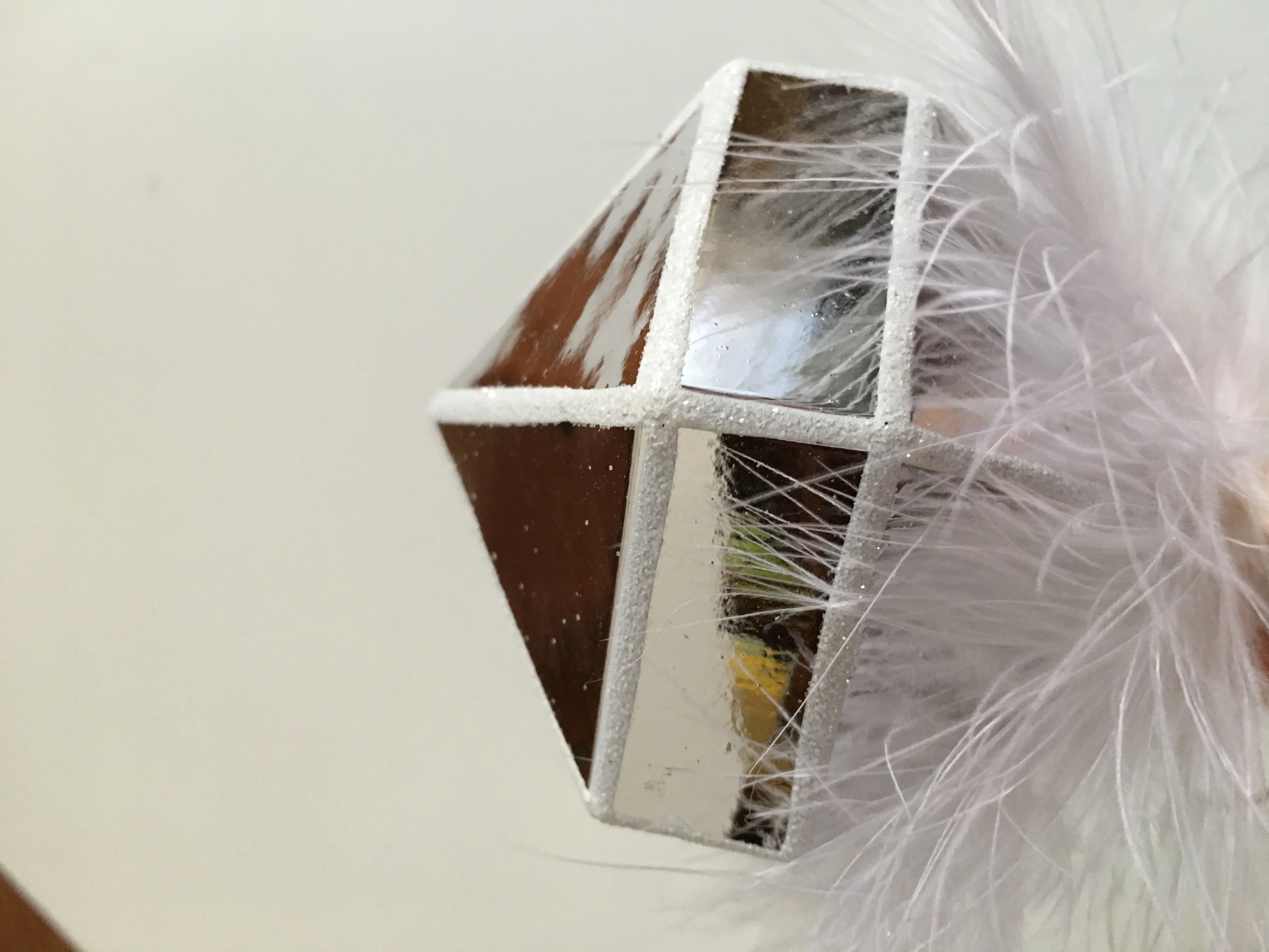 Personalized Glitter Plastic Polygon Silver Christmas Ball With White Feather