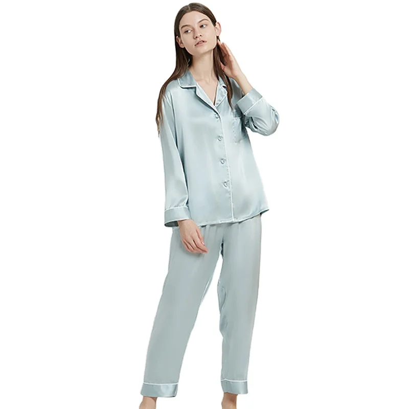 Custom 100% Silk Satin Pyjamas Long Sleeve Crane Pattern Print Skims Lounge Wear Women Silk Pyjamas