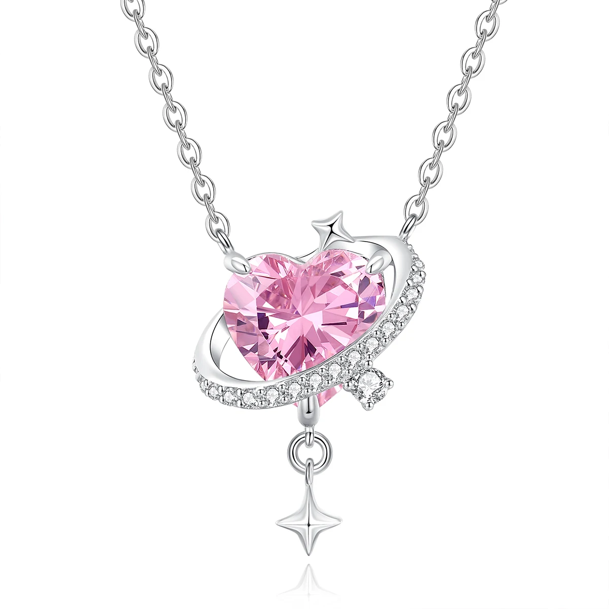 VANA New Design Heart Pink Zircon 925 Sterling Silver Rhodium Plated Girl Pendants Chain Necklace Fashion Jewelry Accessories