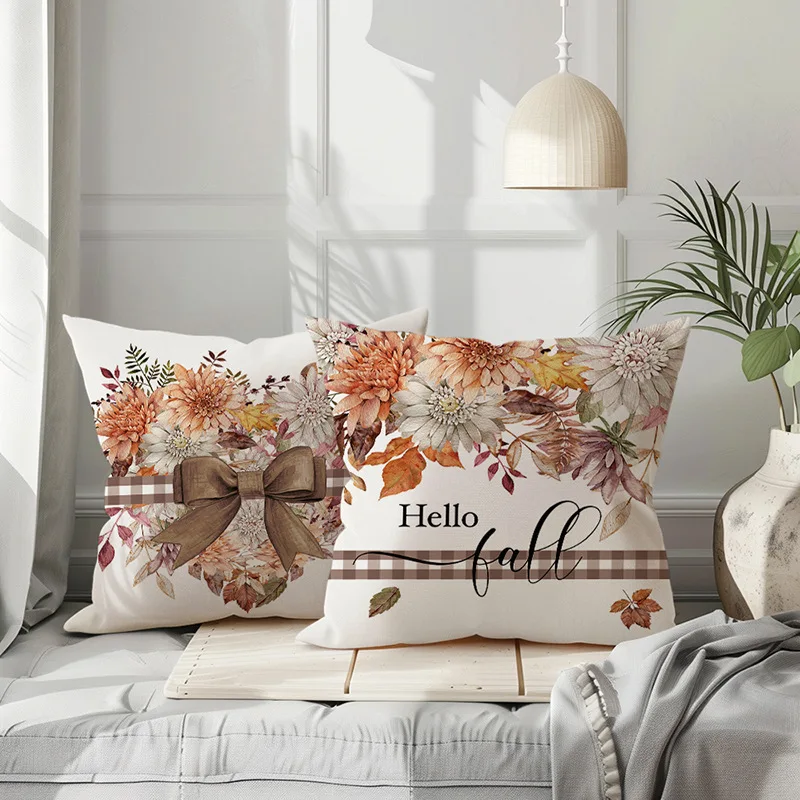 2024 New Design Custom Linen Autumn Thanksgiving Square Pillow Cover 18*18in Home Decor with Maple Leaf Pumpkin Pattern