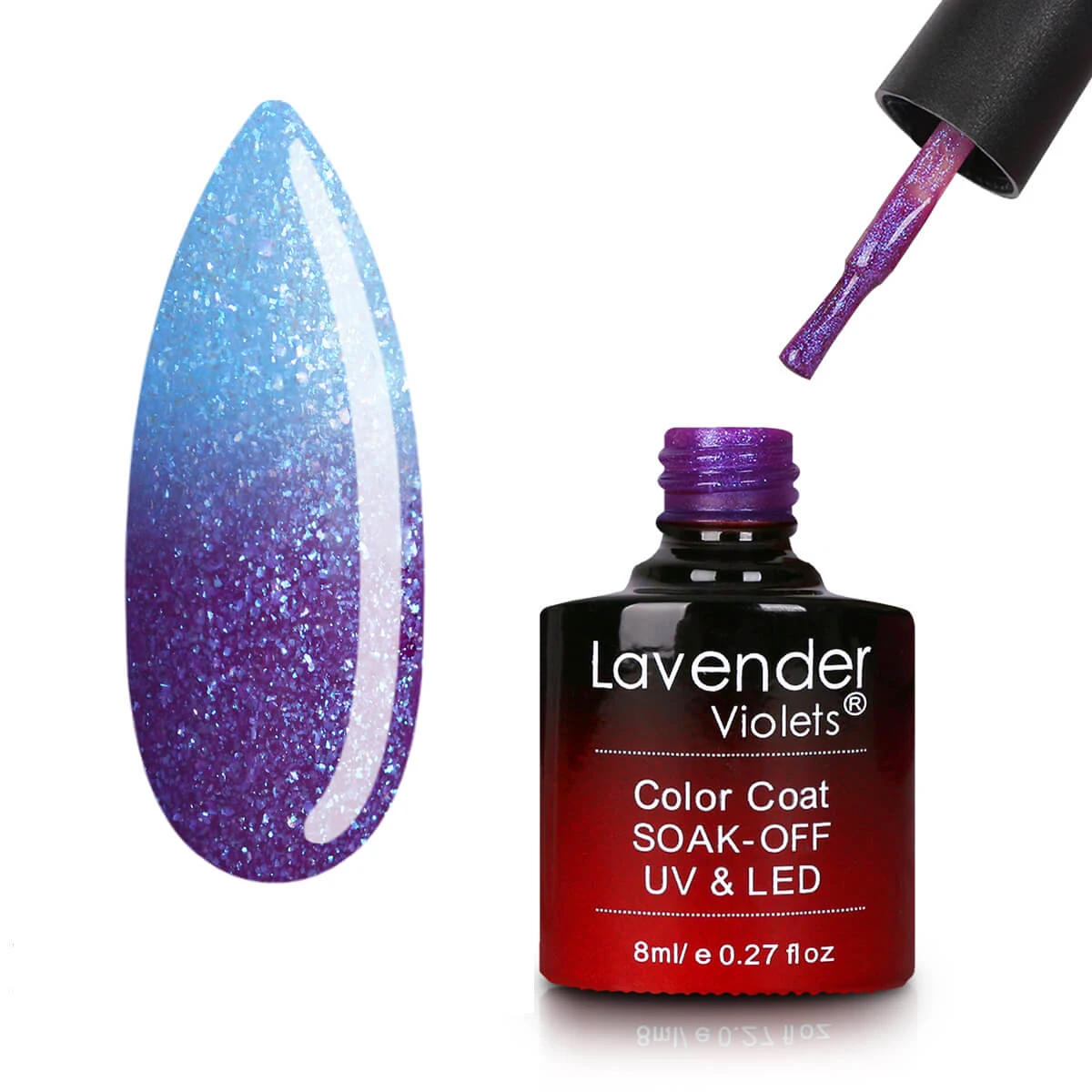 High quality nail glue purple magic with powder blue fine glitters UV Temperature Color Changing  gel nail polish