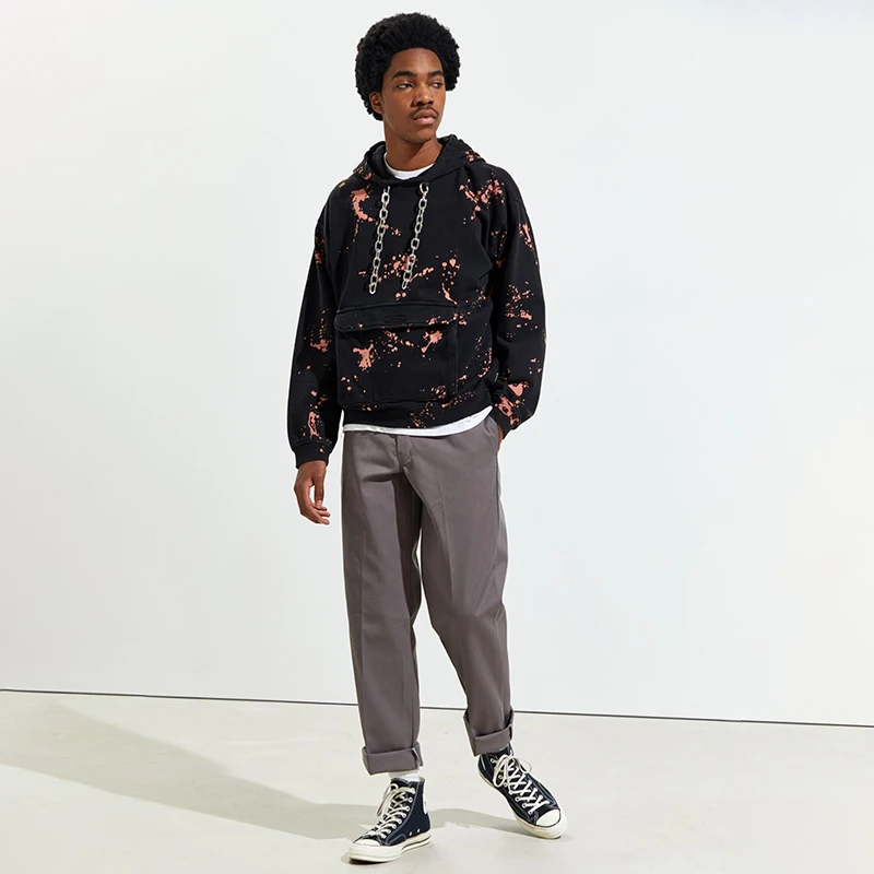 Multi-colored Paint Splatter Distressed Hoodie with Metal Chain Drawstring