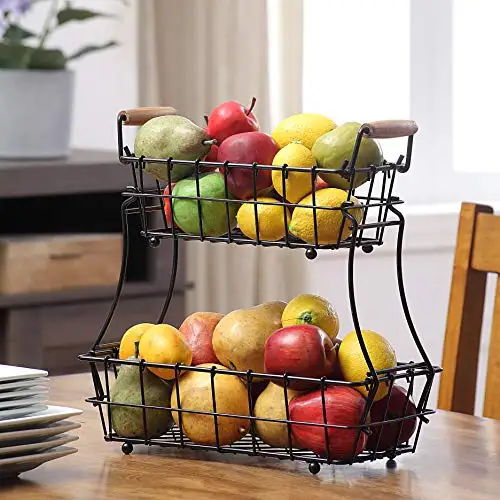 2 Tier Metal Black Rectangle Countertop Fruit Bread Wire Basket