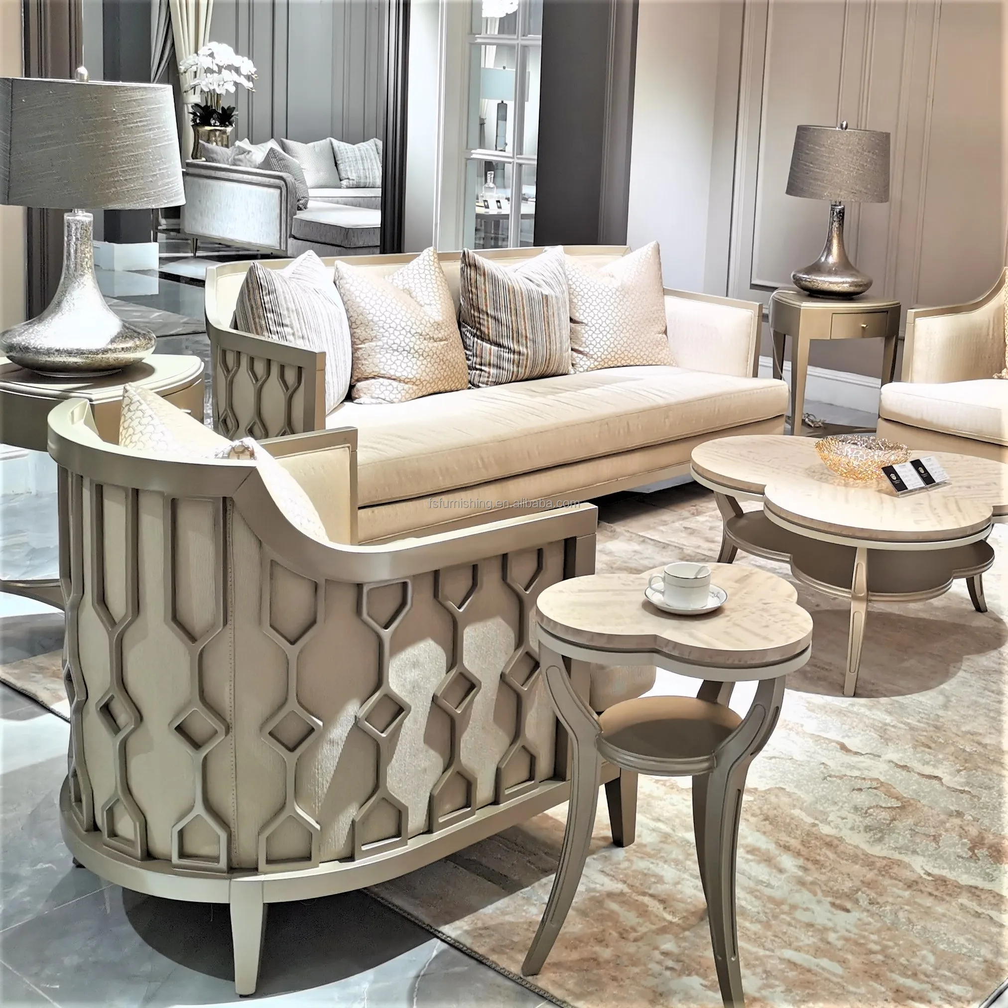 luxury champagne gold classic wooden frame french antique living room furniture fabric sofa couch set