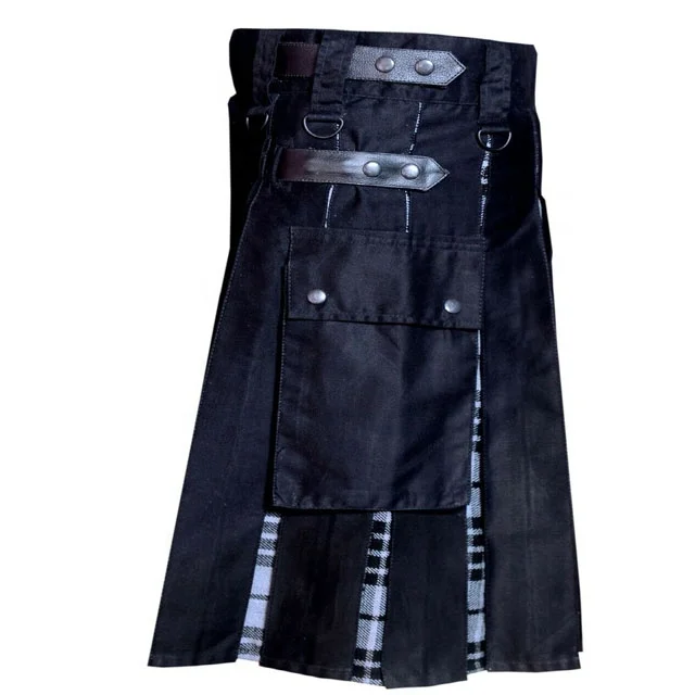 Men Scottish Hybrid Utility Kilt Leather Straps Cotton  Grey wash Tartan Pipe Band Uniform Wool Cloth Tartan Piper Kilt