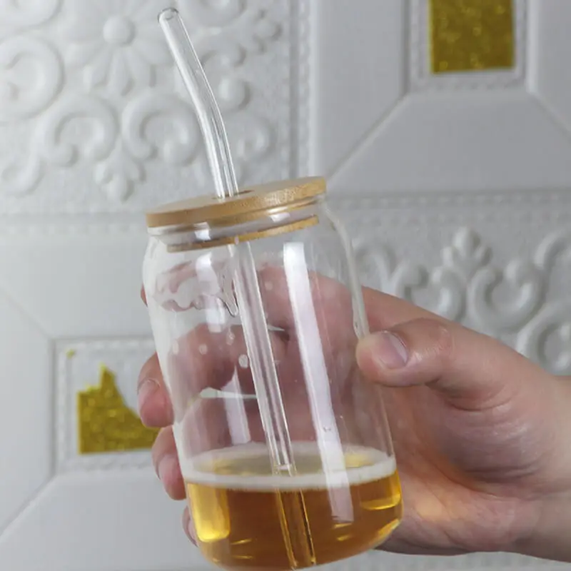 Sublimation Blank 16 oz Frosted Clear 400 ml 600 ml Beer Can Glass With Bamboo Lid And Straw