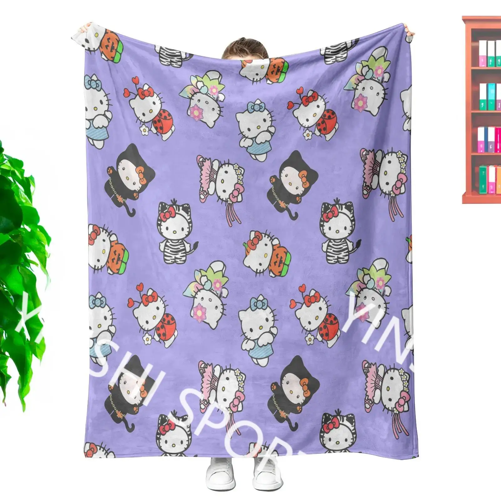 YINSHI 340 Grams Wholesales Customization Printed Halloween Kids Cartoon Kawaii Hk Kt cat Mummy King Size Cozy Throw Blankets