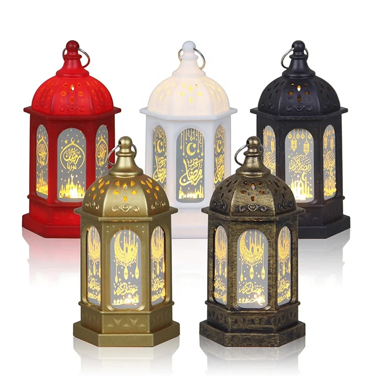 Vintage Wedding Decorative Mini Plastic Battery Operated Hanging White Gold Arabic Ramadan Lanterns with Flickering LED Candle