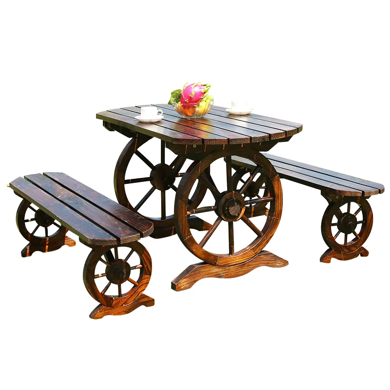 Home outside indoor outdoor wooden furniture patio dining set solid carbonized wood outdoor wooden garden furniture wheel