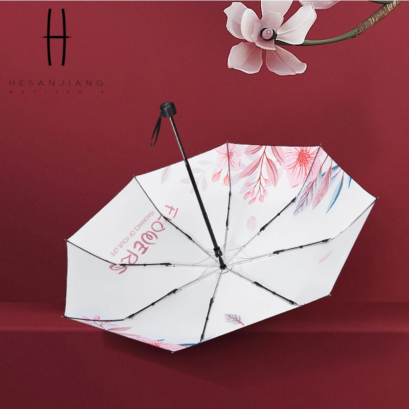 Pink flower decorated umbrellas manual three folding black coating uv protection umbrella