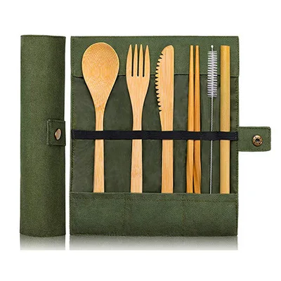 Bamboo travel cutlery set eco friendly flatware set knife fork spoon camping cutlery set with pouch