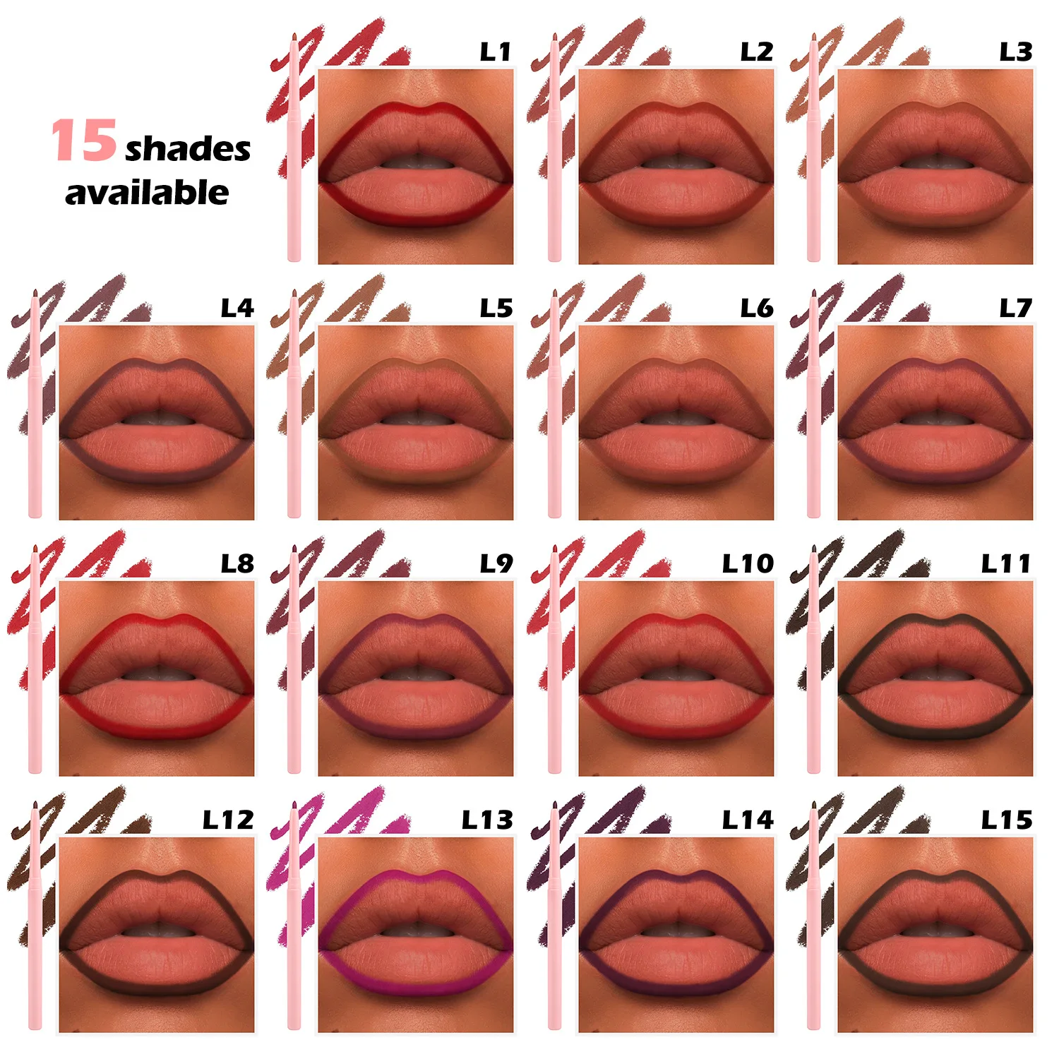 OEM Wholesale Makeup 15 Colors Lip Contour Matte Lip liner High Pigment Waterproof Lasting Vegan Lipliner Private Label Cosmetic