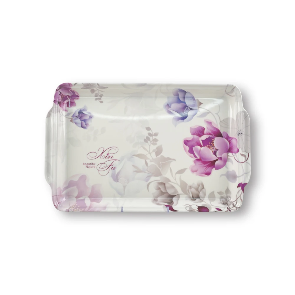 Wholesale New Design Purple Flower Melamine Serving Tray Food Fruits Plate Tea Coffee Trays