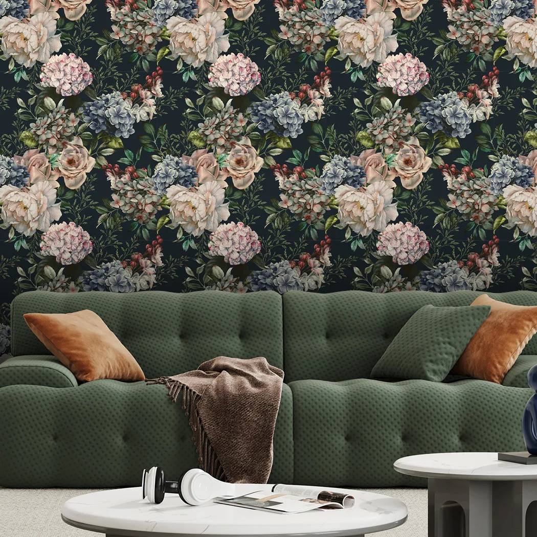 Dark flowers green plants, retro self-adhesive wallpaper foreign trade hot selling removable dormitory renovation murals