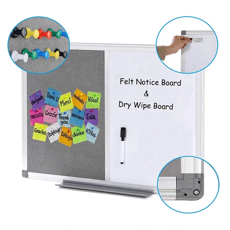 Hot sale white board and cork board combo aluminum frame magnetic dry erase whiteboard and fabric notice board combination
