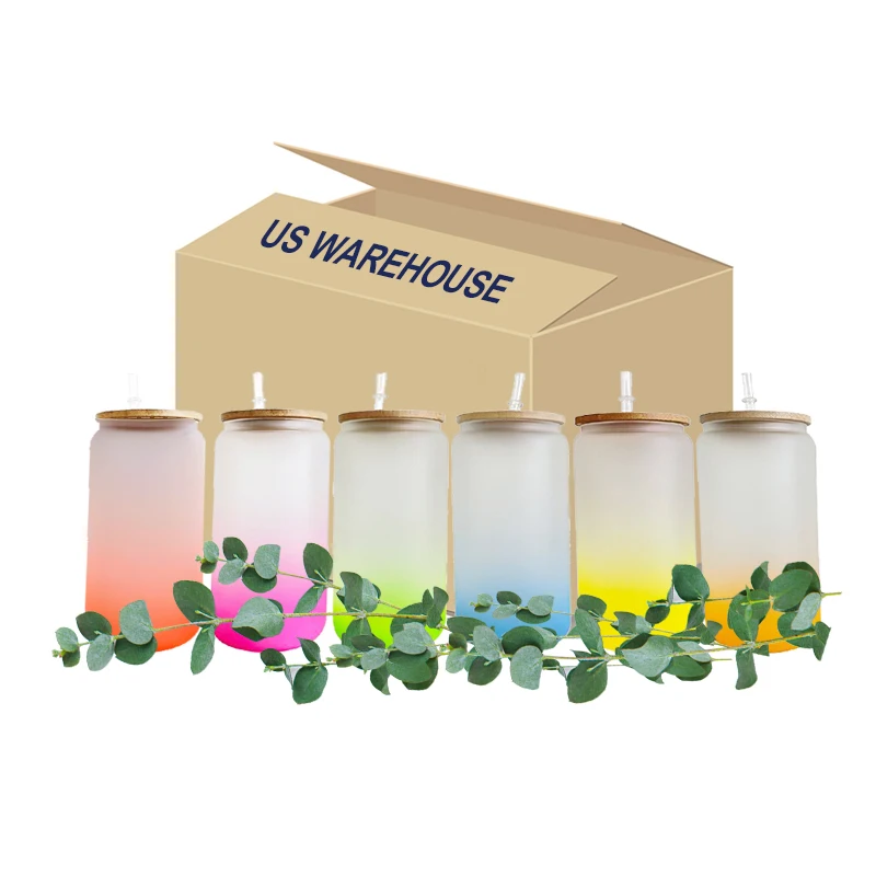 Hot Sale US Warehouse 16oz 20oz  Frosted gradient color coffee soda shaped beer Sublimation Glass can with bamboo  lid