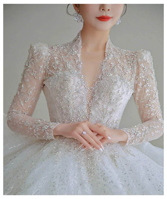 Long Sleeve Wedding Dress 2024 New Bride French V-neck Court Princess Wedding Dress Bridal Gowns Chapel Train Wedding Dresses