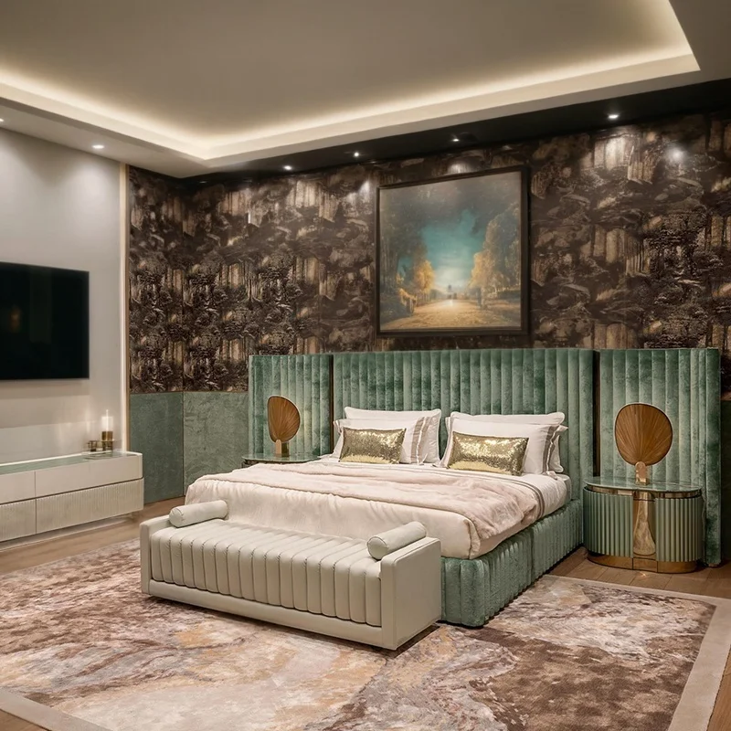 Custom Made Italian Design Modern Luxury Bedroom Furniture Set Upholstered Home Bedroom Bed With Headboard