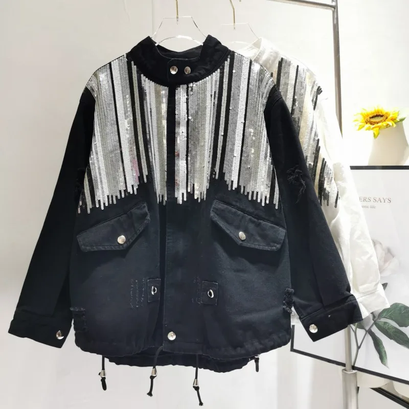 wholesale Sequins oversized Long sleeve drawstring cotton women denim jacket