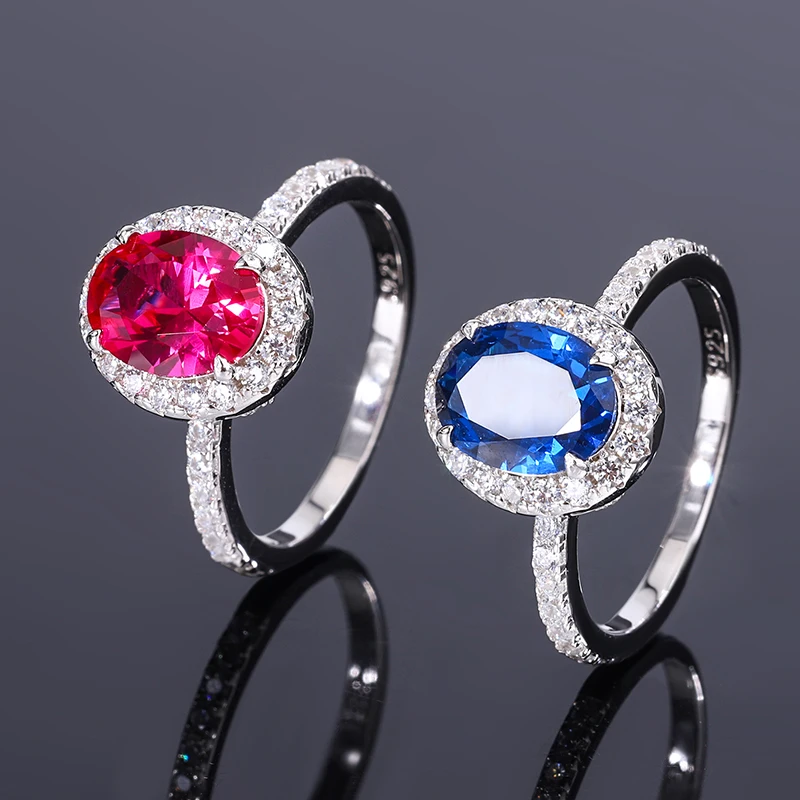 Elegant 925 Sterling Silver CZ Diamond Wedding Engagement Ring Women Finger Jewelry Oval Cut Lab Sapphire Ruby Gemstone Rings