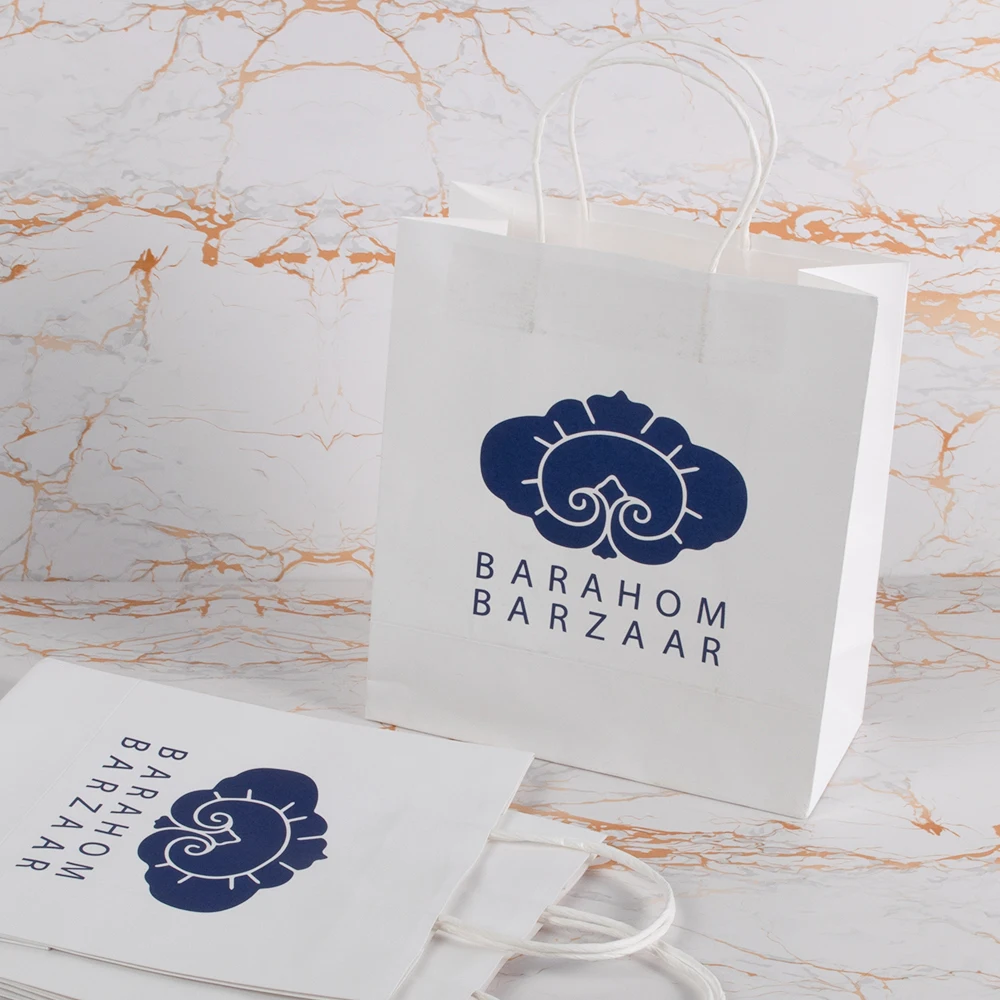 White Kraft Custom Gift Food Drink Packaging Shopping Paper Bag with Handle with Your Own Logo