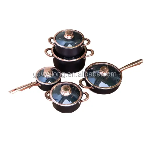 Gold and Black Wholesale Home Use Metal Kitchen Pots Steel Cookware Sets Pans non Stick Cookware Set Cooking Pot Set