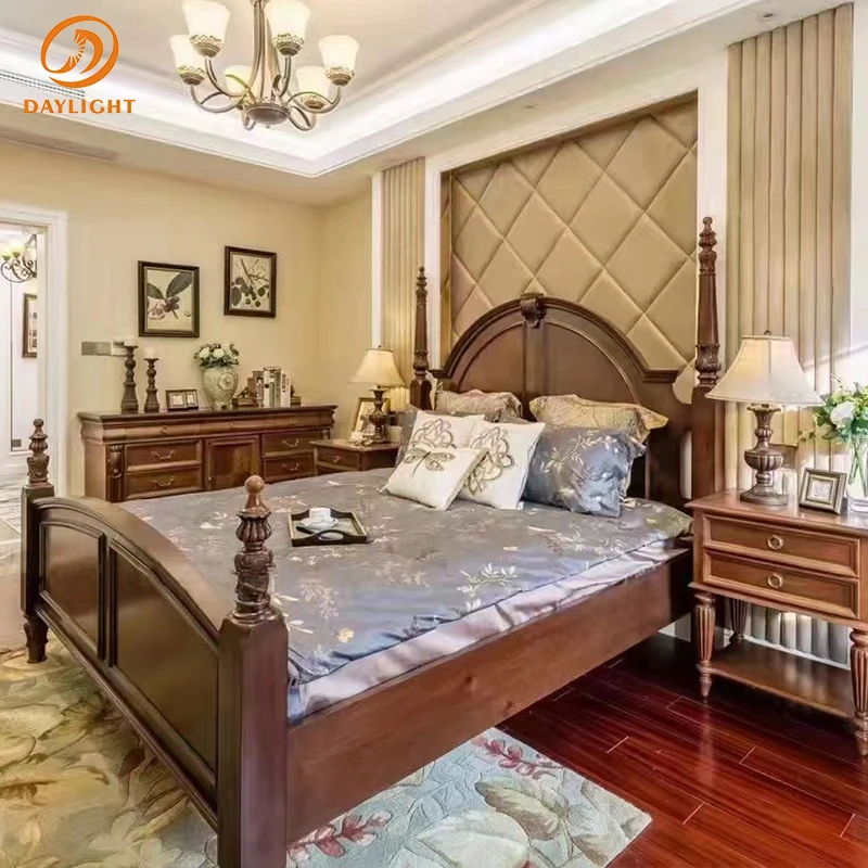 Bedroom Solid Wooden Design Furniture European Luxury Wood Vintage Royal Set Apartment High-end Villa Mahogany Classic Hotel Bed