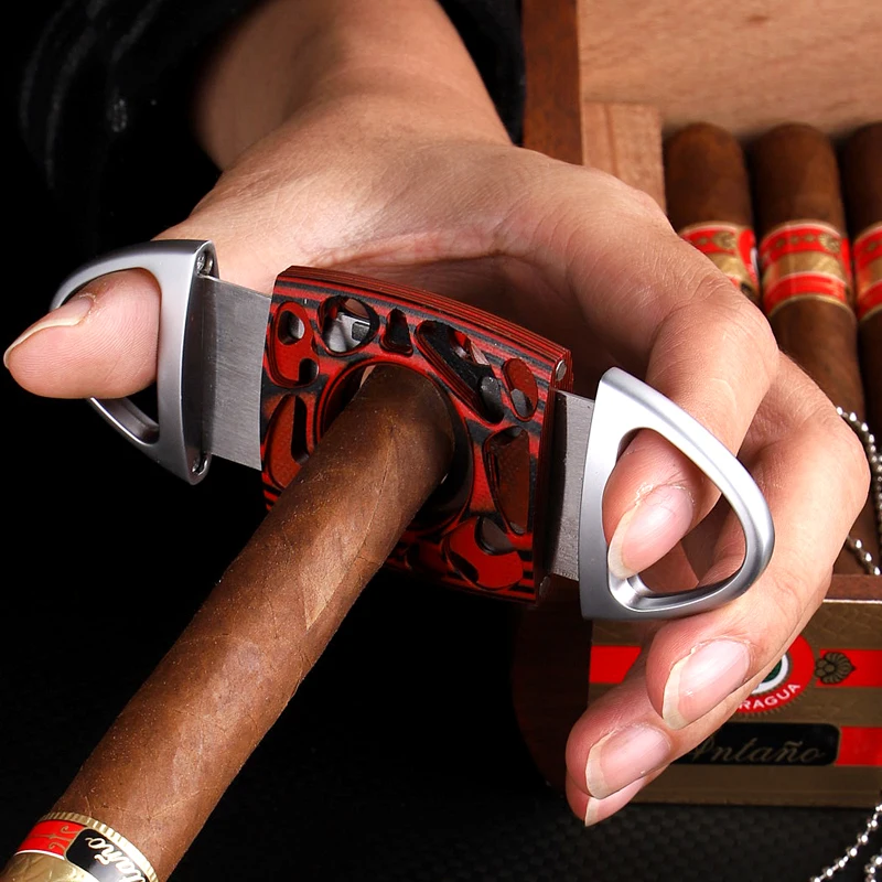 Luxury Table Top Dual Blade Stainless Steel Custom Logo V-cutter Gold Black Cigar V Cut Cutter With Build-in Punch