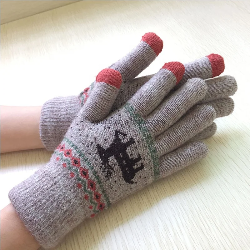 Jacquard Weave Deer Design Winter Warm Assorted Touchscreen Gloves Knitted Mittens for Sports & Cycling Accepts Custom Design