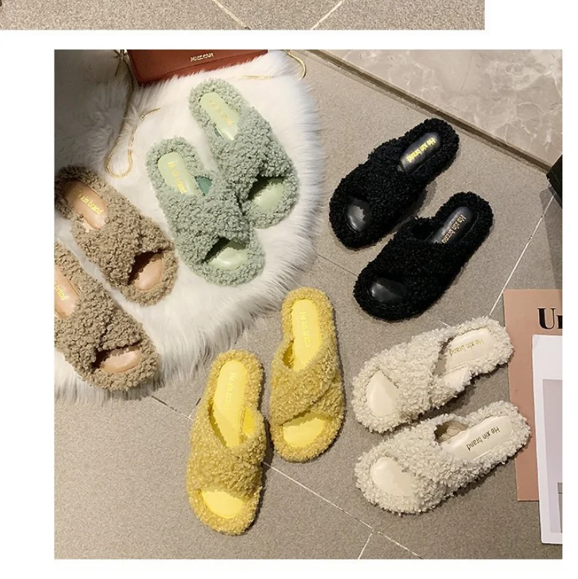 Winter Women Slippers Solid Fluffy Crisscross Design Platform Fur Sole Luxury Mules Ladies Slides Party Sandals