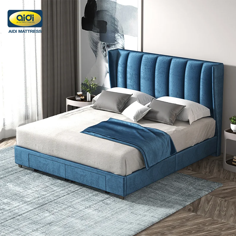 Modern Queen Platform Bed Frame with Storage Drawers Headboard Tufted Upholstered Lit Wooden Slats Support Mattress Foundation