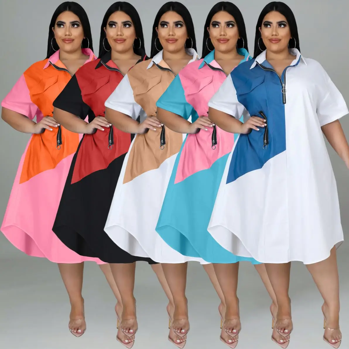 summer fashion plus size women clothing loose stitching contrast color short sleeve zipper clothes womens casual shirt dresses