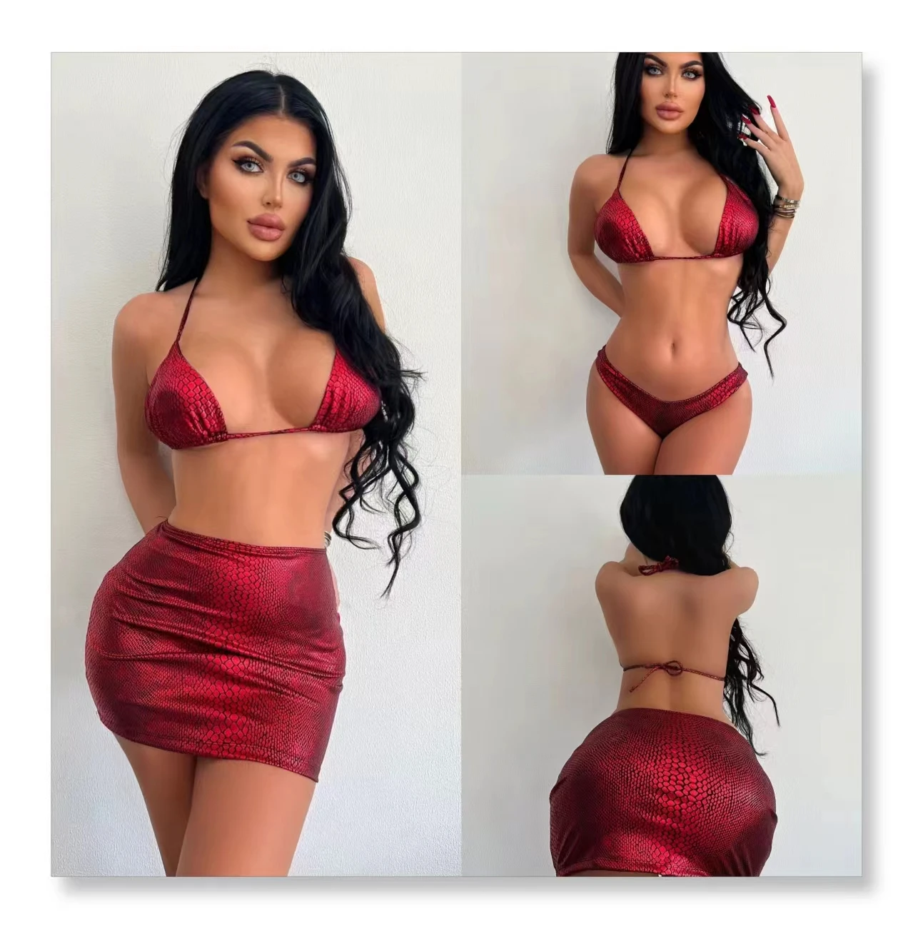 Metal Gloss Snake Skin Sexy Bikini Three Piece Setpush up Swimwear Hip Wrapped Short Skirt Women Halter Swimsuit beachwear