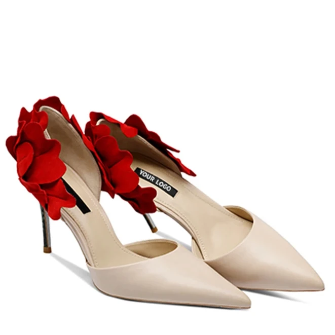 Custom Logo Large Size New Arrivals Nightclub Silk Red Sexy Back Flower Heel Dress Shoe Pointed Toe Thin High Heel Women Pumps