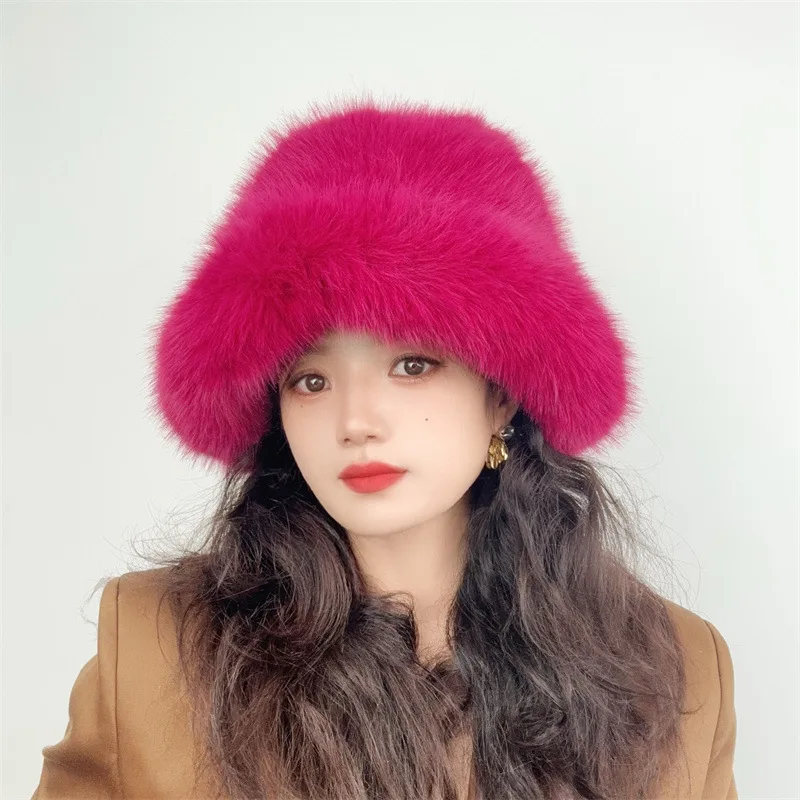 Hot Sale Outdoor Ladies Girl Furry Fluffy Designer fox cap faux fur bucket winter hat for women