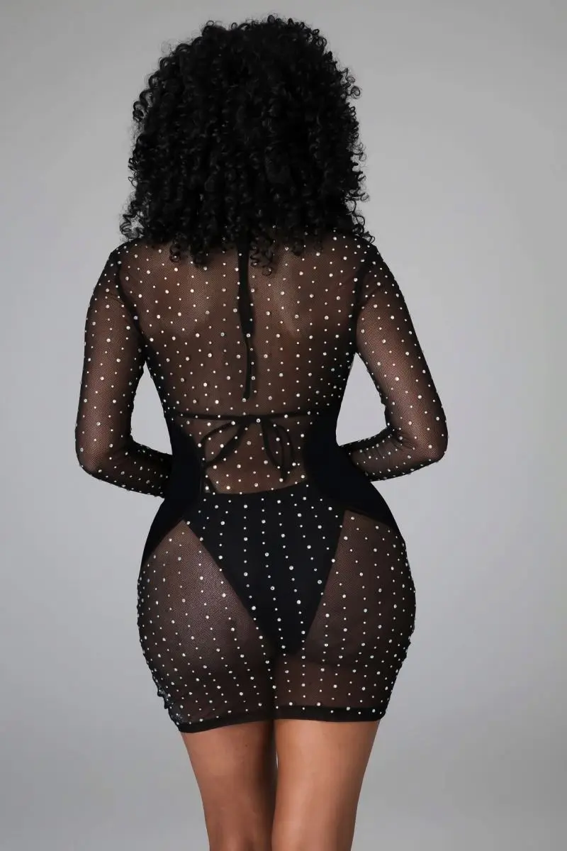 Sexy Lingerie Hot Sale beaded casual Club Dresses Dancer Elegant Black Transparent Rhinestones Night diamond dress