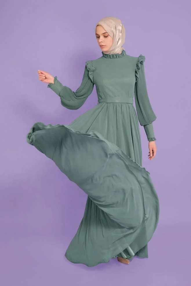 Custom design round collar gathers white balloon sleeve belted chiffon modest solid color muslim women hijab dress